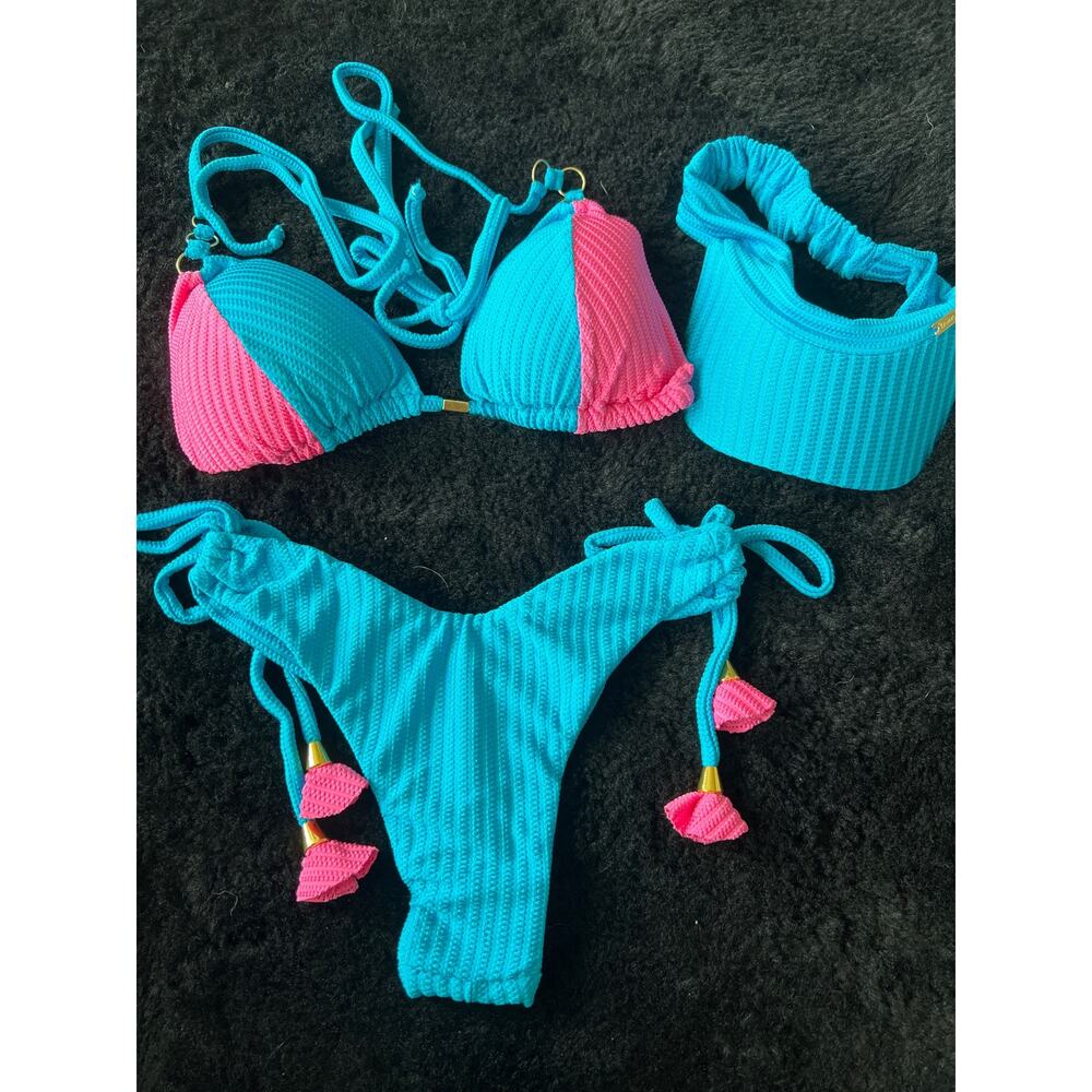 Brazilian Bikini and Visor set Blue with pink adjustable